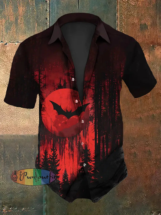 Men’s Vintage Gothic Bat Forest Gradient Abstract Print Casual Cotton Short Sleeve Shirt Red / S