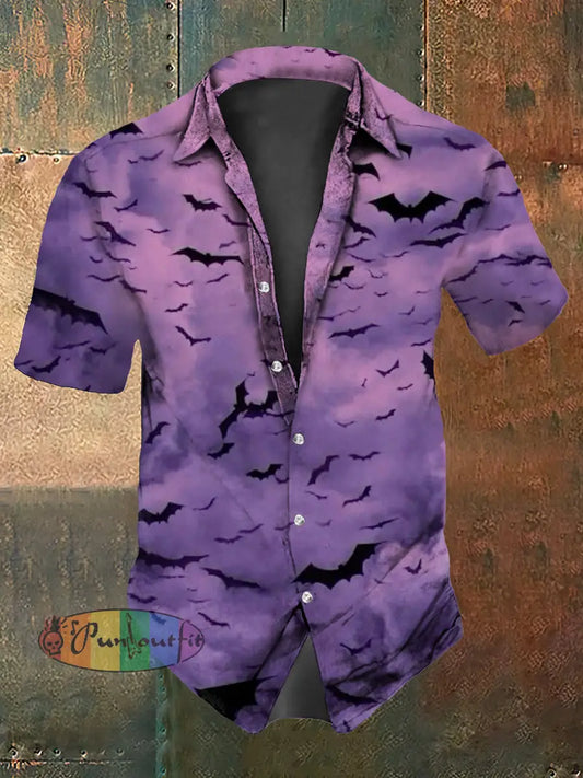 Men’s Vintage Gothic Bats Abstract Print Casual Cotton Short Sleeve Shirt Purple / S