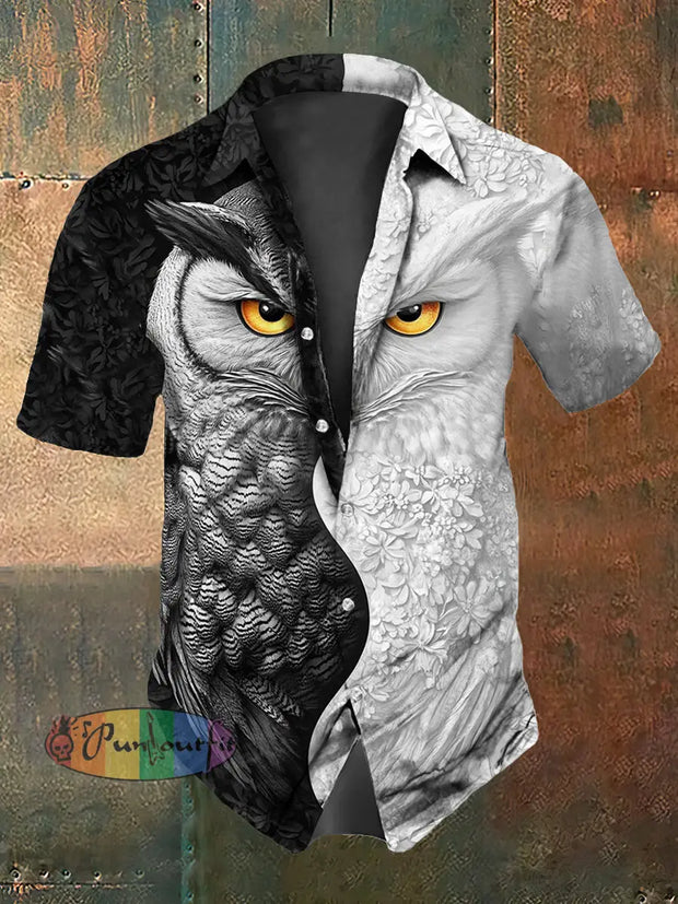 Men’s Vintage Gothic Black & White Owl Abstract Print Casual Cotton Short Sleeve Shirt As picture / S