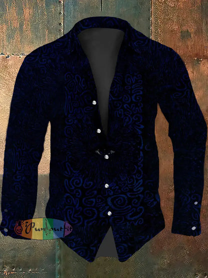 Men’s Vintage Gothic Character Punk Eyes Abstract Print Casual Long Sleeve Shirt Navy Blue / S
