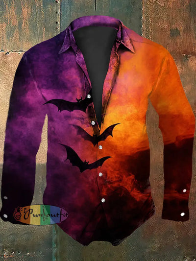 Men’s Vintage Gothic Colourful Bats Abstract Print Casual Long Sleeve Shirt As picture / S