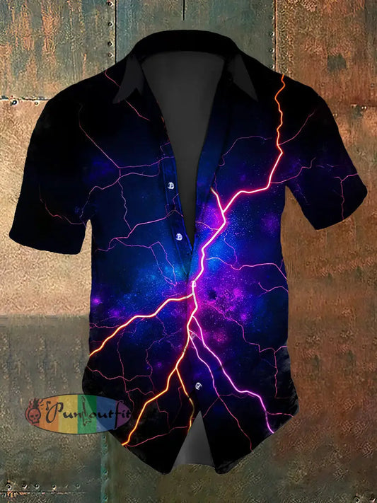 Men’s Vintage Gothic Colourful Lightning Abstract Print Casual Cotton Short Sleeve Shirt Black / S