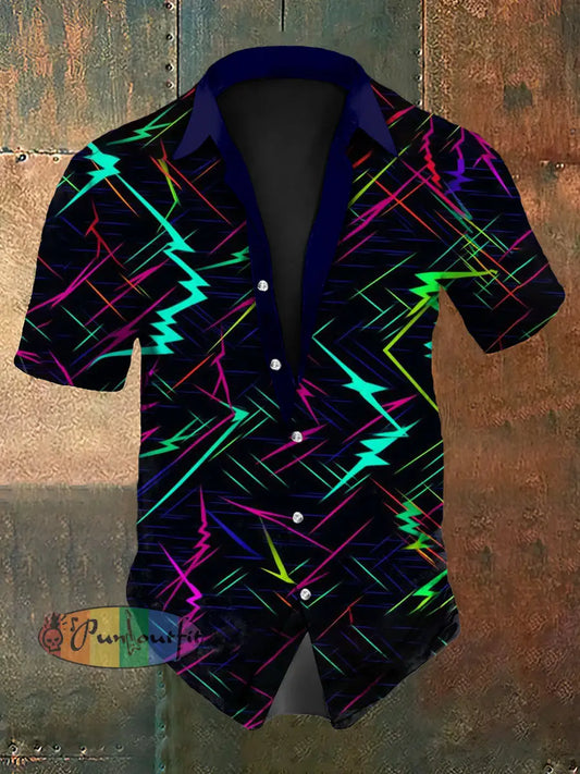 Men’s Vintage Gothic Colourful Lightning Rock Abstract Print Casual Cotton Short Sleeve Shirt As picture / S