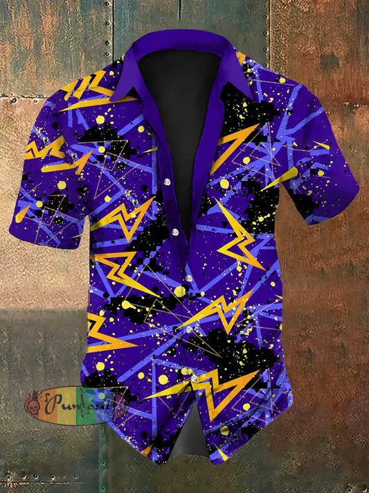 Men’s Vintage Gothic Colourful Lightning Rock Abstract Print Casual Cotton Short Sleeve Shirt Purple / S
