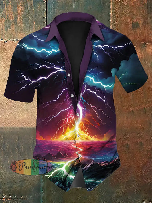 Men’s Vintage Gothic Colourful Lightning Rock Festival Abstract Print Casual Cotton Short Sleeve Shirt As picture / S