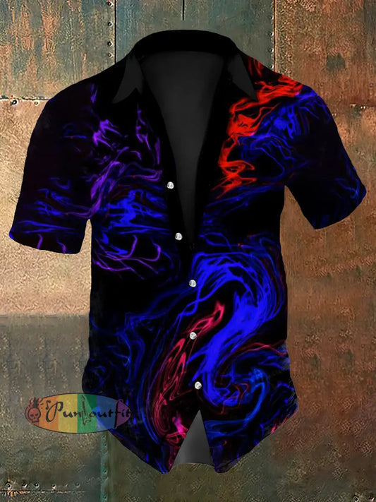 Men’s Vintage Gothic Colourful Wave Swirls Abstract Print Casual Cotton Short Sleeve Shirt Purple / S