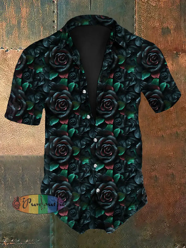 Men’s Vintage Gothic Dark Rose Gradient Print Short-Sleeve Shirt Green / S