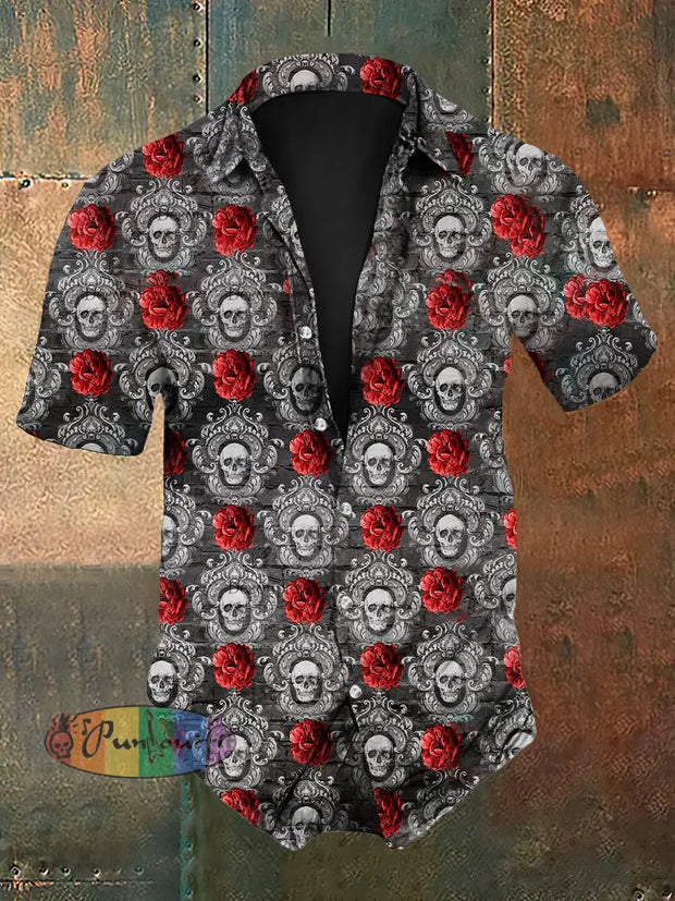 Men’s Vintage Gothic Dark Rose Skull Flower Print Short-Sleeve Shirt Gray / S