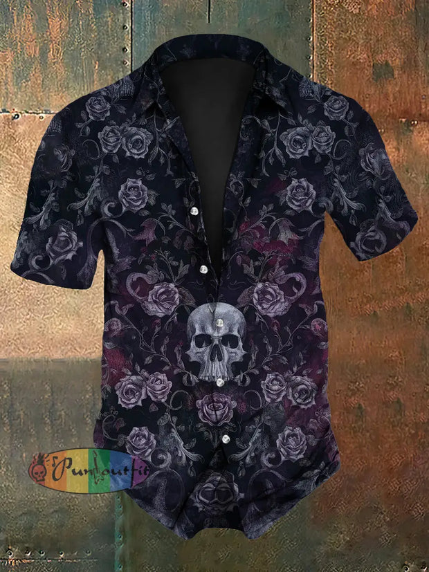 Men’s Vintage Gothic Dark Rose Skull Flower Print Short-Sleeve Shirt Purple / S