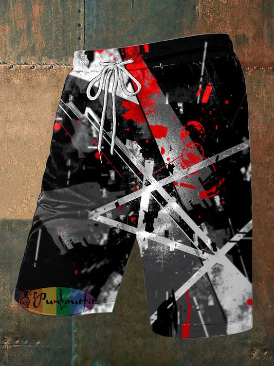 Men’s Vintage Gothic Festival Colourful Rock Lines Abstract Print Casual Pocket Drawstring Shorts Black / S