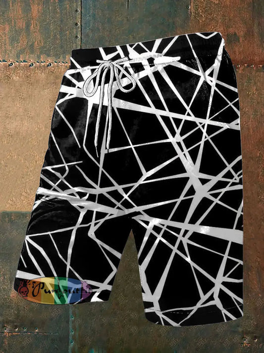 Men’s Vintage Gothic Festival Colourful Rock Lines Abstract Print Casual Pocket Drawstring Shorts Black / S
