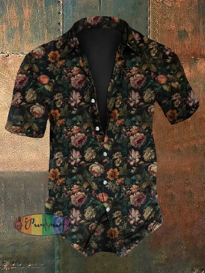 Men’s Vintage Gothic Floral Design Print Short-Sleeve Shirt Black / S