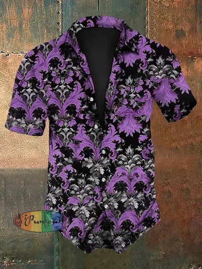 Men’s Vintage Gothic Floral Design Print Short-Sleeve Shirt Purple / S