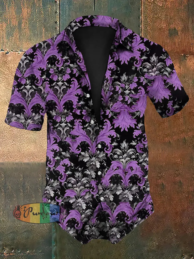 Men’s Vintage Gothic Floral Design Print Short-Sleeve Shirt Purple / S