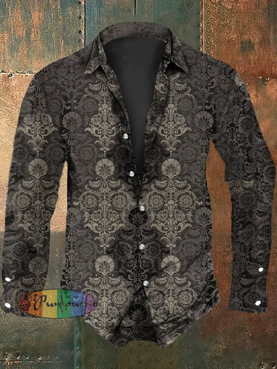 Men’s Vintage Gothic Floral Style Gradient Texture Print Long Sleeve Shirt Gray / S