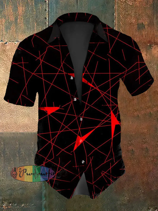 Men’s Vintage Gothic Geometric Lines Abstract Print Casual Cotton Short Sleeve Shirt Red / S