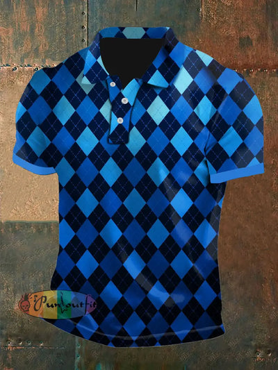 Men’s Vintage Gothic Gradient Blue Plaid Abstract Printed Casual Cotton Short Sleeve Polo Shirt Blue / S