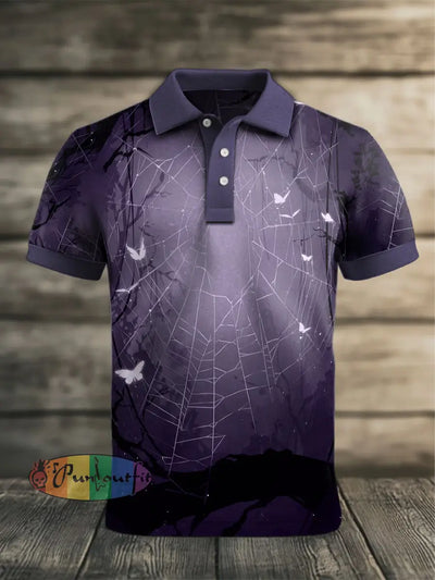 Men’s Vintage Gothic Gradient Butterfly Spider Web Abstract Printed Casual Cotton Short Sleeve Polo Shirt Purple / S