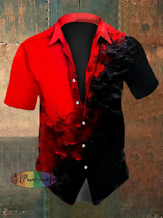 Men’s Vintage Gothic Gradient Crackle Abstract Print Casual Cotton Short Sleeve Shirt Red / S