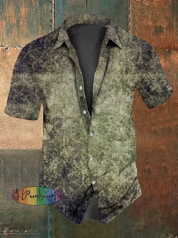Men’s Vintage Gothic Gradient Floral Abstract Print Casual Cotton Short Sleeve Shirt As picture / S