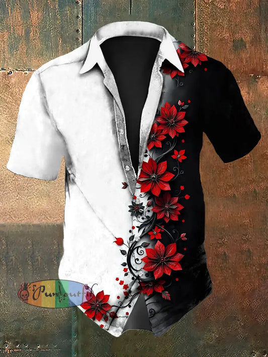 Men’s Vintage Gothic Gradient Floral Abstract Print Casual Cotton Short Sleeve Shirt As picture / S