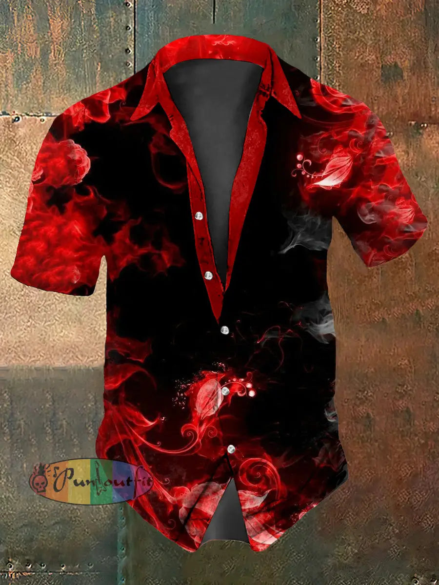 Men’s Vintage Gothic Gradient Floral Abstract Print Casual Cotton Short Sleeve Shirt Red / S
