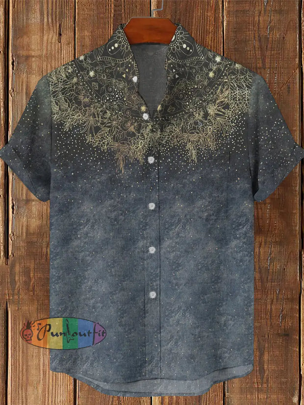 Men’s Vintage Gothic Gradient Floral Print Casual Cotton Short Sleeve Shirt Gray / S