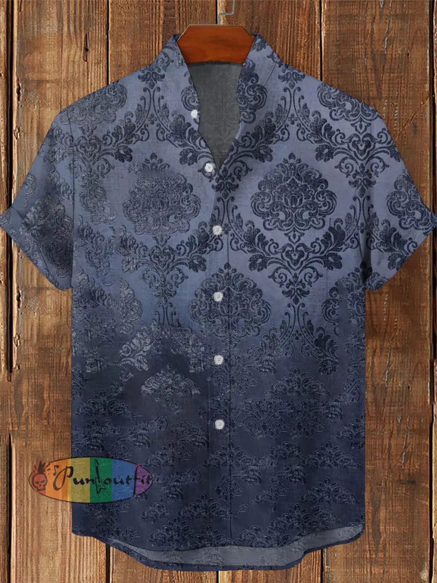 Men’s Vintage Gothic Gradient Floral Texture Print Casual Cotton Short Sleeve Shirt Blue / S