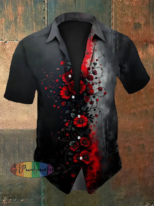 Men’s Vintage Gothic Gradient Flower Abstract Print Casual Cotton Short Sleeve Shirt Dark Gray / S