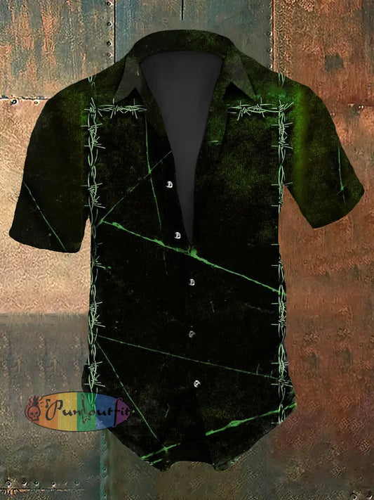 Men’s Vintage Gothic Gradient Knot Abstract Print Casual Cotton Short Sleeve Shirt Green / S