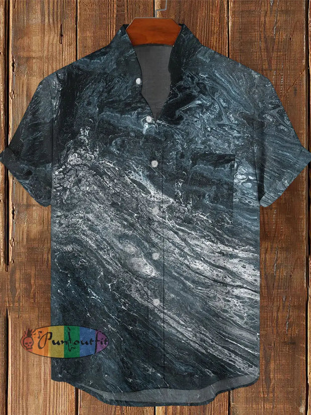 Men’s Vintage Gothic Gradient Ripple Print Casual Cotton Short Sleeve Shirt Blue / S