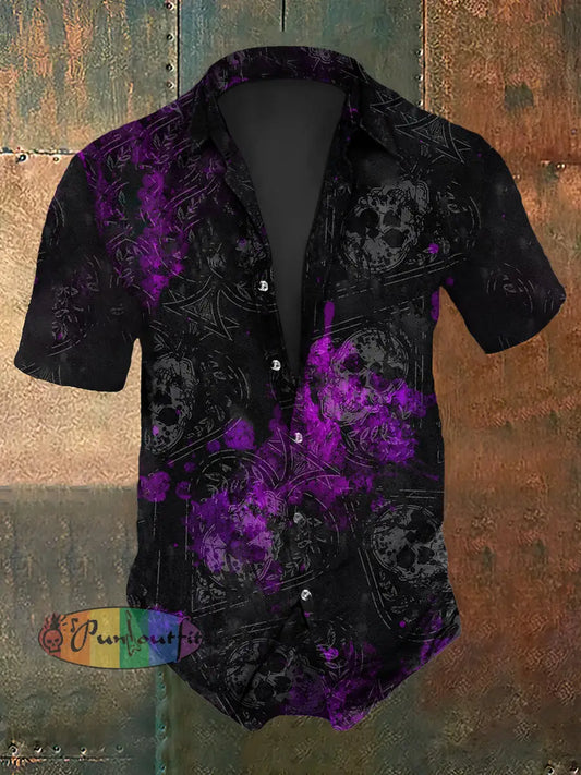 Men’s Vintage Gothic Gradient Skulls Abstract Print Casual Cotton Short Sleeve Shirt Black / S