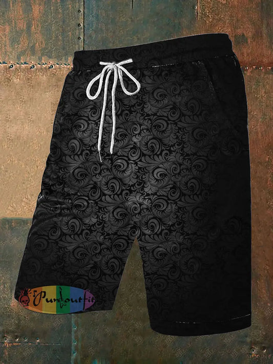 Men’s Vintage Gothic Gradient Swirl Abstract Print Casual Pocket Drawstring Shorts Black / S