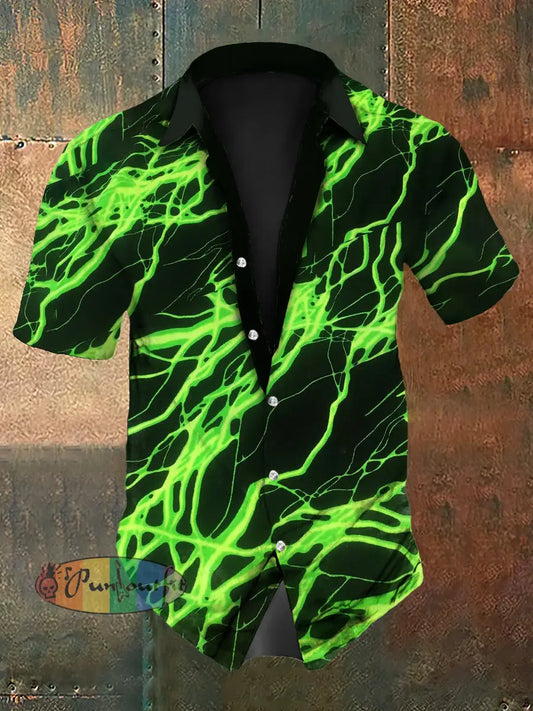 Men’s Vintage Gothic Green Lightning Rock Abstract Print Casual Cotton Short Sleeve Shirt Green / S