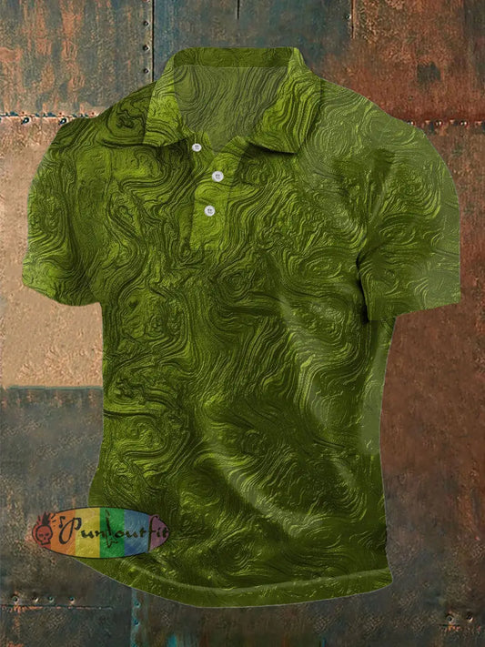 Men’s Vintage Gothic Irregular Swirling Waves Abstract Printed Casual Cotton Short Sleeve Polo Shirt Green / S