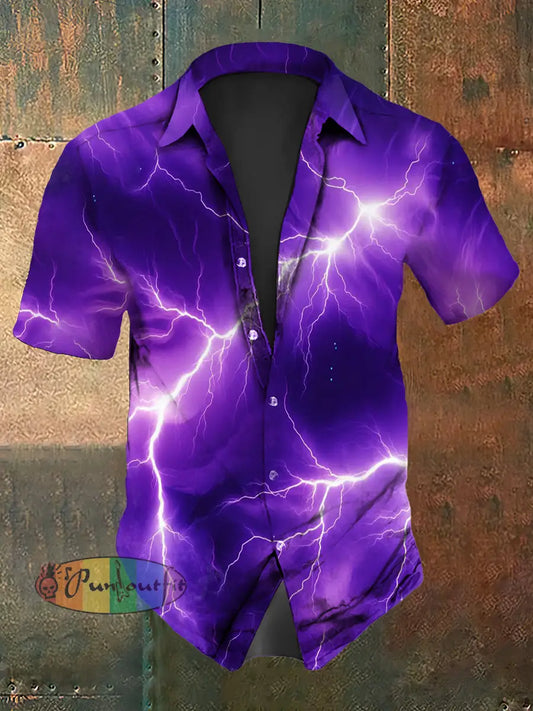 Men’s Vintage Gothic Lightning Gradient Abstract Print Casual Cotton Short Sleeve Shirt Purple / S