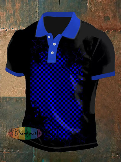 Men’s Vintage Gothic Plaid Stars Abstract Printed Casual Cotton Short Sleeve Polo Shirt Blue / S