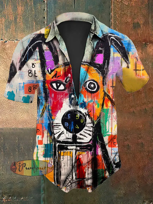 Men’s Vintage Gothic Punk Graffiti Dog Abstract Print Casual Cotton Short Sleeve Shirt As picture / S