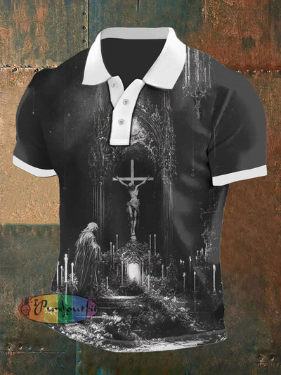 Men’s Vintage Gothic Punk Religion Satire Abstract Printed Casual Cotton Short Sleeve Polo Shirt Dark Gray / S