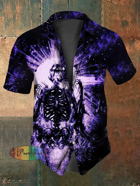 Men’s Vintage Gothic Punk Rock Skull Abstract Print Casual Cotton Short Sleeve Shirt Purple / S