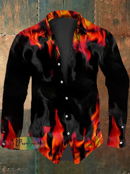 Men’s Vintage Gothic Purple Flame Smoke Abstract Print Casual Long Sleeve Shirt Long Sleeve Shirt-Orange / S