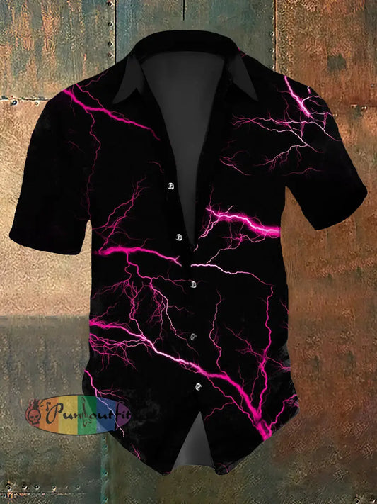 Men’s Vintage Gothic Purple Lightning Abstract Print Casual Cotton Short Sleeve Shirt Black / S