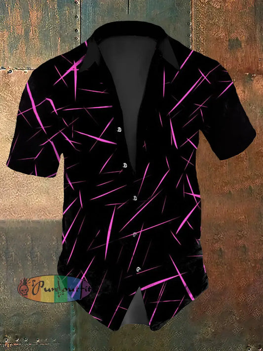 Men’s Vintage Gothic Purple Line Design Abstract Print Casual Cotton Short Sleeve Shirt Purple / S