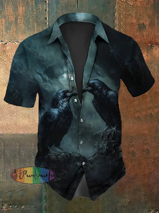 Men’s Vintage Gothic Ravens Abstract Print Casual Cotton Short Sleeve Shirt As picture / S