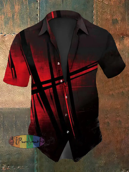 Men’s Vintage Gothic Red Line Gradient Design Abstract Print Casual Cotton Short Sleeve Shirt Red / S