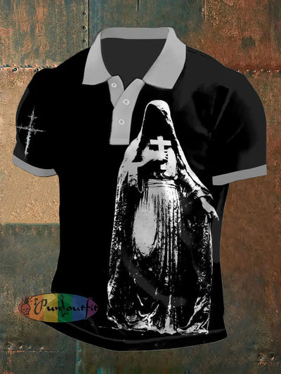 Men’s Vintage Gothic Religious Virgin Inverted Cross Abstract Printed Casual Cotton Short Sleeve Polo Shirt Black / S