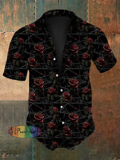 Men’s Vintage Gothic Rose Chain Print Short-Sleeve Shirt Black / S