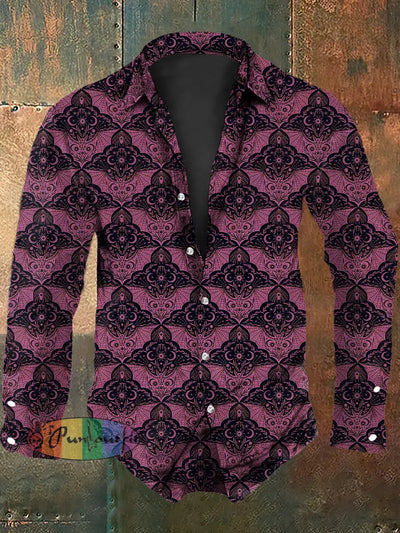 Men’s Vintage Gothic Rose Floral Bat Geometric Printed Casual Long Sleeve Shirt As Picture / S