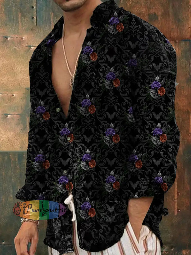 Men’s Vintage Gothic Rose Flower Printed Casual Long Sleeve Shirt Black / S