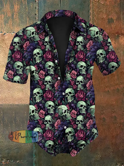 Men’s Vintage Gothic Rose Skull Flower Print Short-Sleeve Shirt As Picture / S